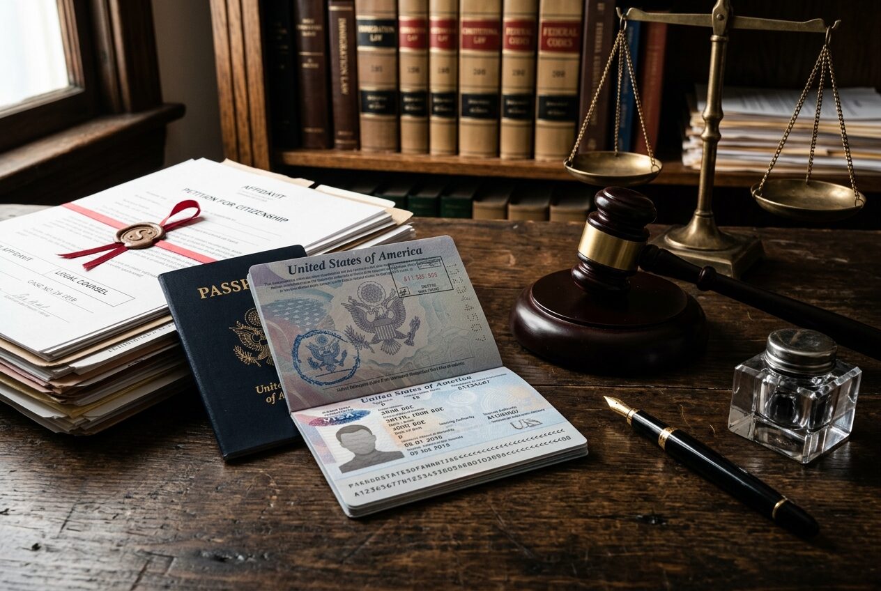 Passport with legal documents and gavel