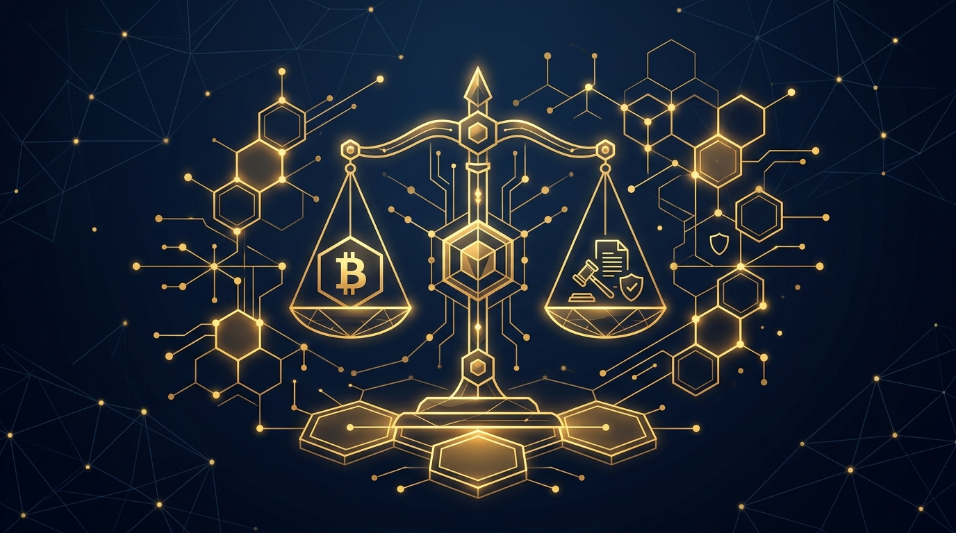Crypto Lawyer - Legal Regulation Cryptocurrency regulation and blockchain law - legal scales with blockchain network